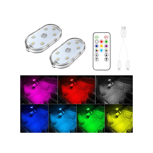 2 pieces of Car LED Lights with remote control, 7 colors Car LED Interior Lighting, Ambient lighting in the car interior, Rechargeable Car Interior Reading Light, LED lights for car.