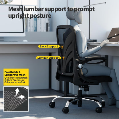 HOLLUDLE Ergonomic Office Chair with Folding Backrest, Desk Chair with Extended Seat (52 cm), Flip-up Armrests and Mesh Lumbar Support Swivel Computer Chair, Black