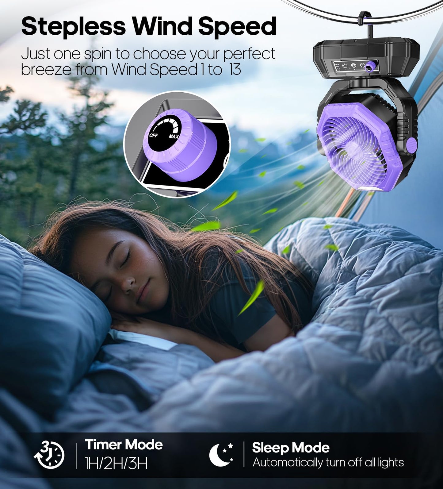 VTHW Camping Fan, 20000mAh Rechargeable Fan with LED Light & Hook, 270° Rotation, Stepless Speed, Timer Mode, USB Desk Fan for Indoor Outdoor (Purple)