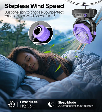 VTHW Camping Fan, 20000mAh Rechargeable Fan with LED Light & Hook, 270° Rotation, Stepless Speed, Timer Mode, USB Desk Fan for Indoor Outdoor (Purple)