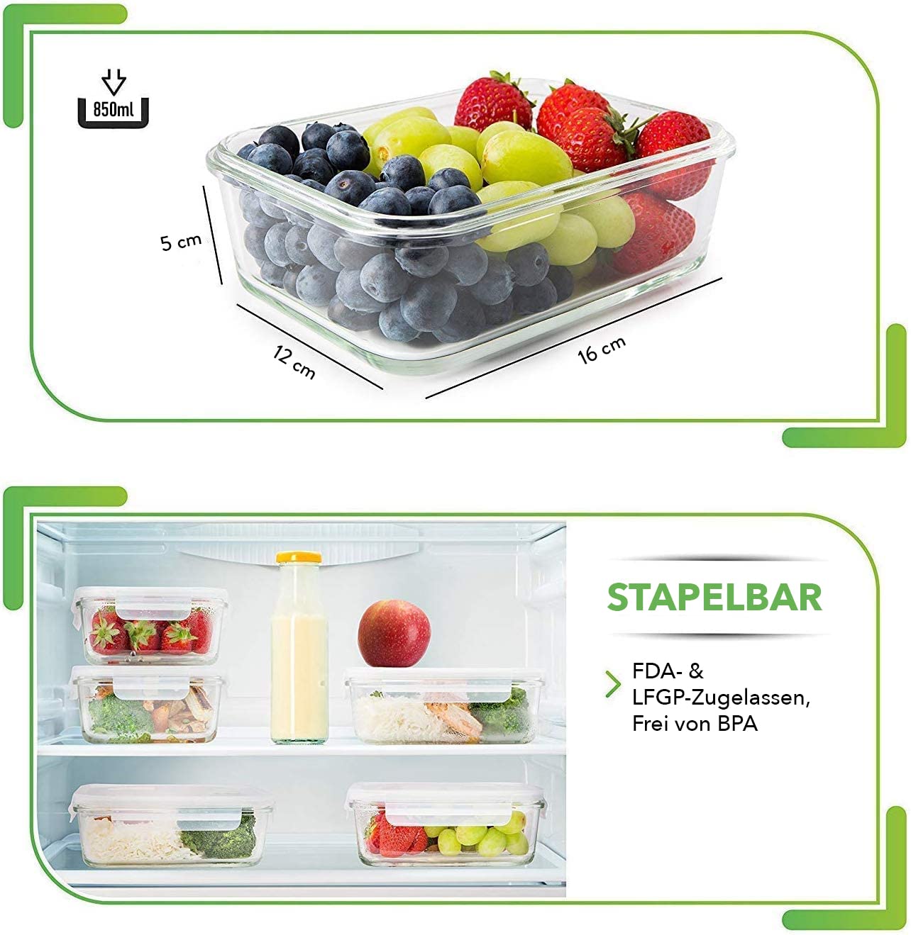 [5 Pack] Glass food storage containers with lids - Meal prep glass boxes - Glass container set - Dishwasher, microwave, freezer safe (880 ml: 1 compartment)