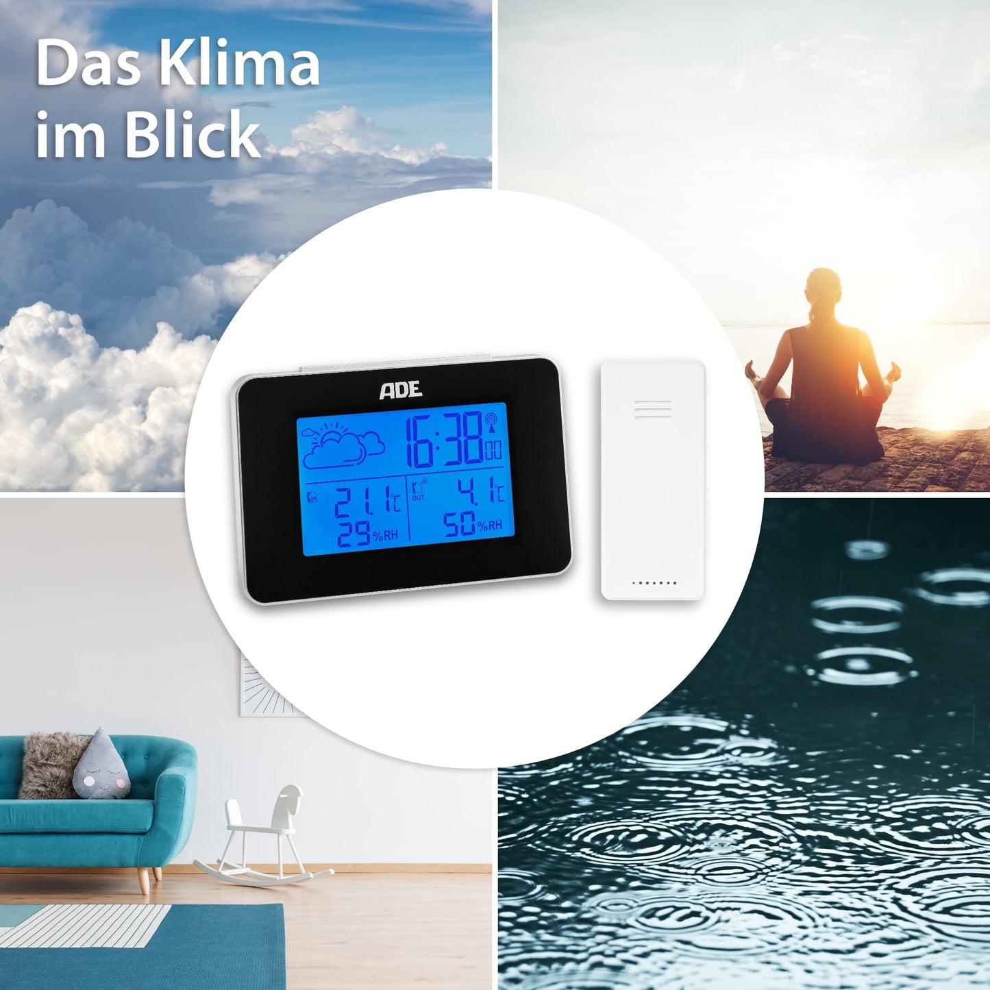 ADE Digital Weather Station with Wireless Outdoor Sensor | Indoor and Outdoor Temperature | Humidity Meter | Animated Weather Forecast | Radio Alarm Clock with Snooze Function | Black | Blue Backlight