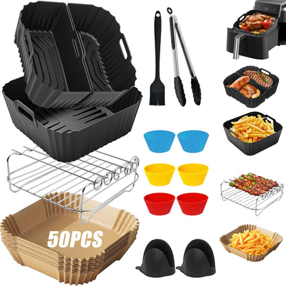 Hot Air Fryer Accessories 19-23cm, Square Airfryer Accessories for Ninja, Philips, COSORI, Russell Hobbs, Tefal, Cecotec 4.5L-8L, With Grill Rack Silicone Mold Airfryer Parchment Paper