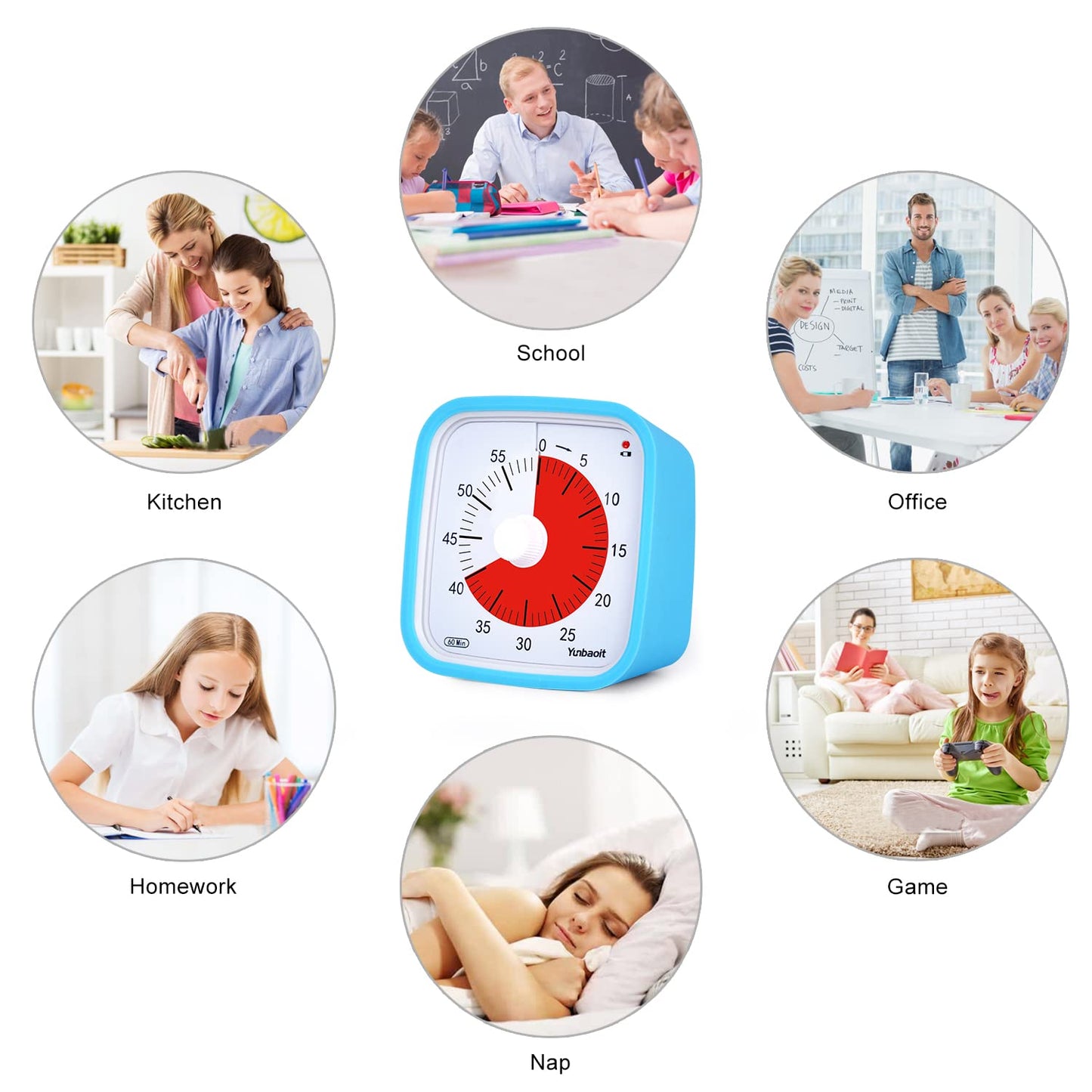 Visual timer, Yunbaoit Improved 60 minute countdown timer for kids adults with low battery alarm, quiet time management tool with optional alarm (Blue)