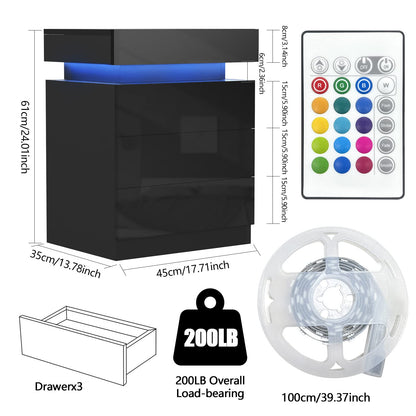 Lvhcmfohm Black Nightstand with LED Light, Bedside Table with 3 Drawers and 16 Color Illumination (45x35x61cm)