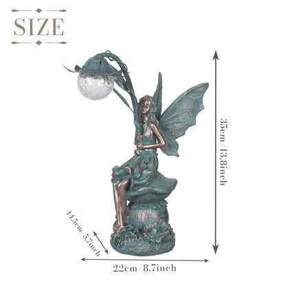 TERESA'S COLLECTIONS Outdoor garden decor, garden statues for outside, 35cm sitting fairies with solar glass ball lighting made of polystone, bronze fairy statue solar fairy.