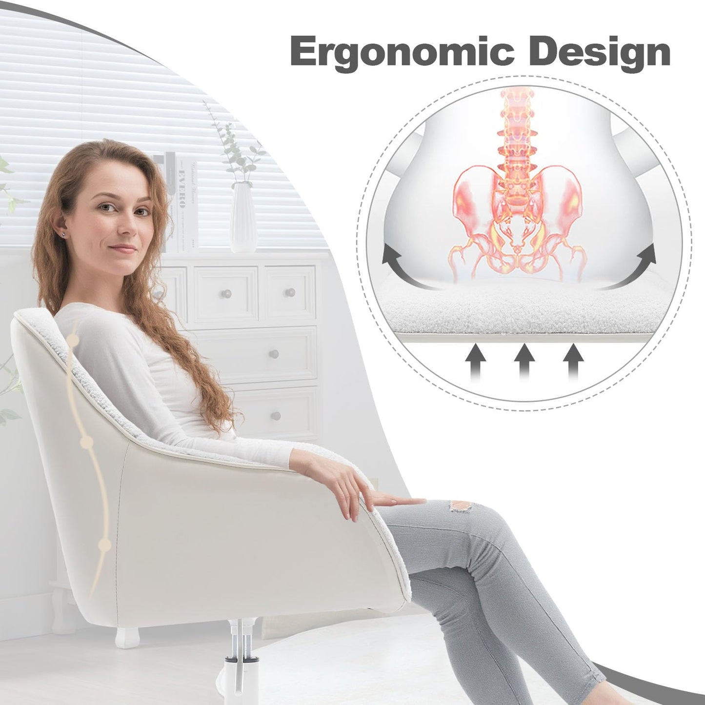 WOLTU home office chair, desk chair, swivel chair, vanity chair, adjustable height, supports up to 150kg, with bouclé seat, cream+beige, BS175grcm