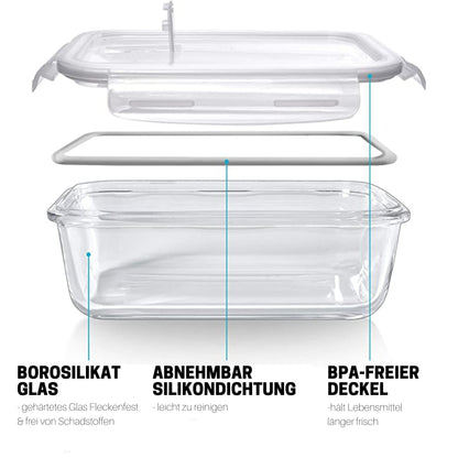 Igluu Meal Prep glass food storage containers with BPA-free lid (5-pack + 1 spare lid) - microwave, oven, freezer, dishwasher safe, leakproof - 840 ml - durable borosilicate glass.