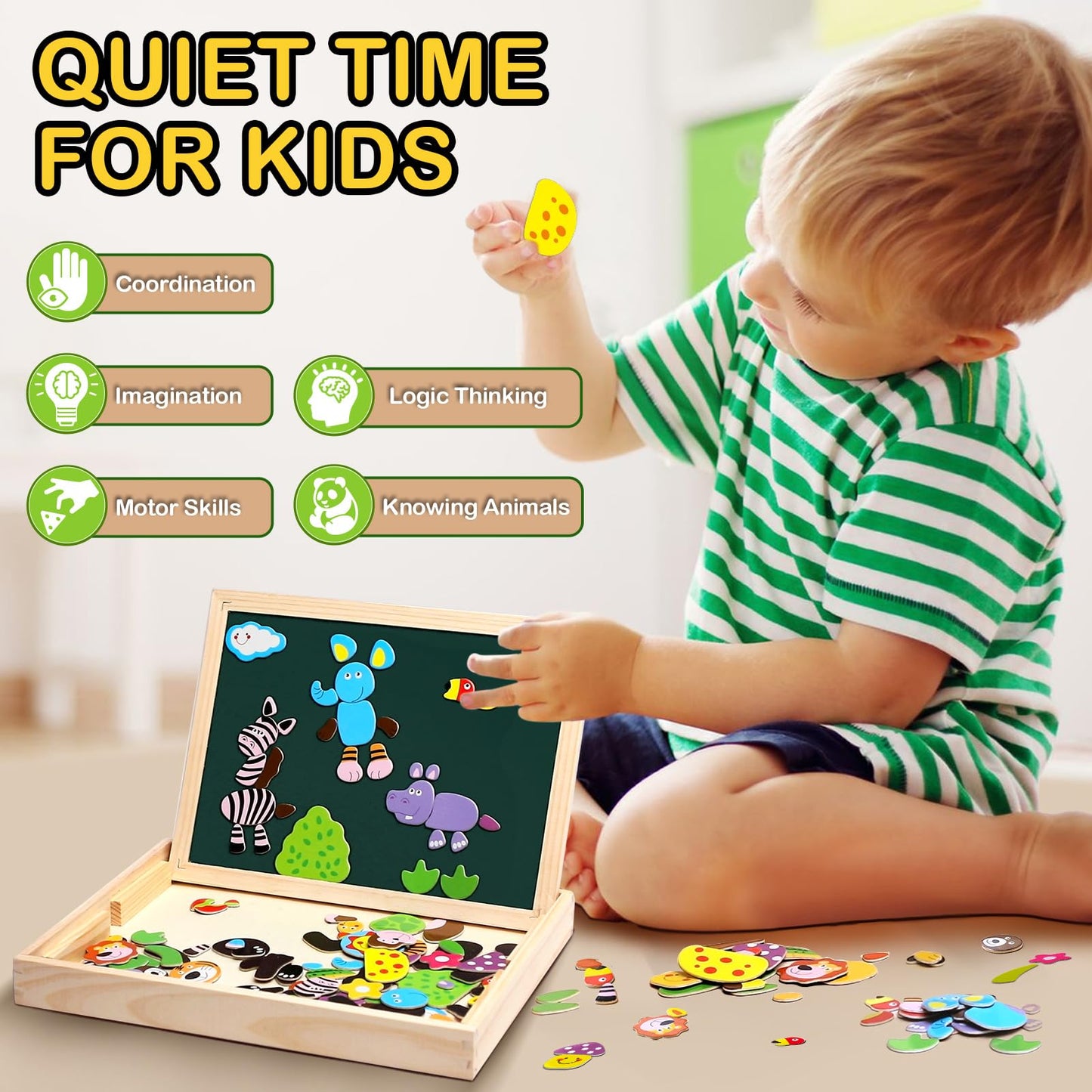 Uping Magnetic Wooden Puzzle 100 Pieces, Double-Sided Magnetic Board, Drawing Board Colored Pencils Chalks, Forest and Animal Puzzles Toy for Ages 3+