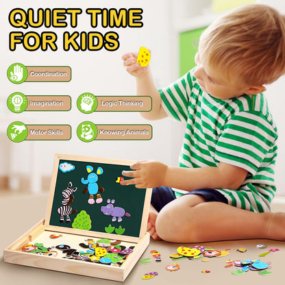 Uping Magnetic Wooden Puzzle 100 Pieces, Double-Sided Magnetic Board, Drawing Board Colored Pencils Chalks, Forest and Animal Puzzles Toy for Ages 3+