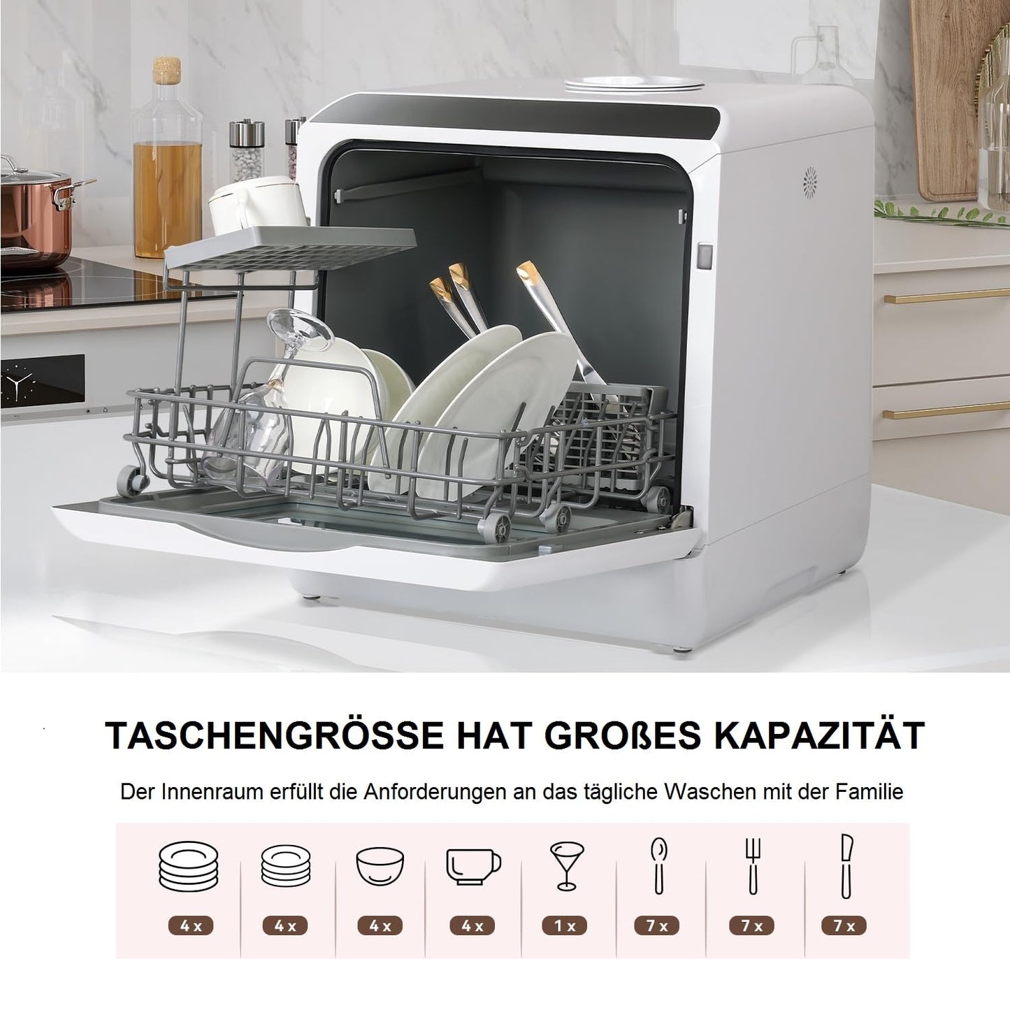 YU YUSING Mini Dishwasher Countertop Dishwasher with 5+1 programs, Small Dishwasher for 4 place settings with/without water connection, 5L water tank, Touch Control, LED display, for home office camping