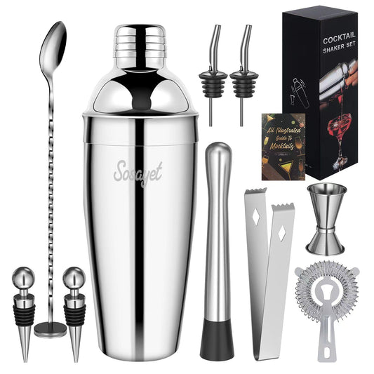 Sosayet Cocktail Shaker Set, 10-piece Stainless Steel Cocktail Set with accessories & recipe cards, 750mL Bartender Set for beginners & professionals - Gift for Men.