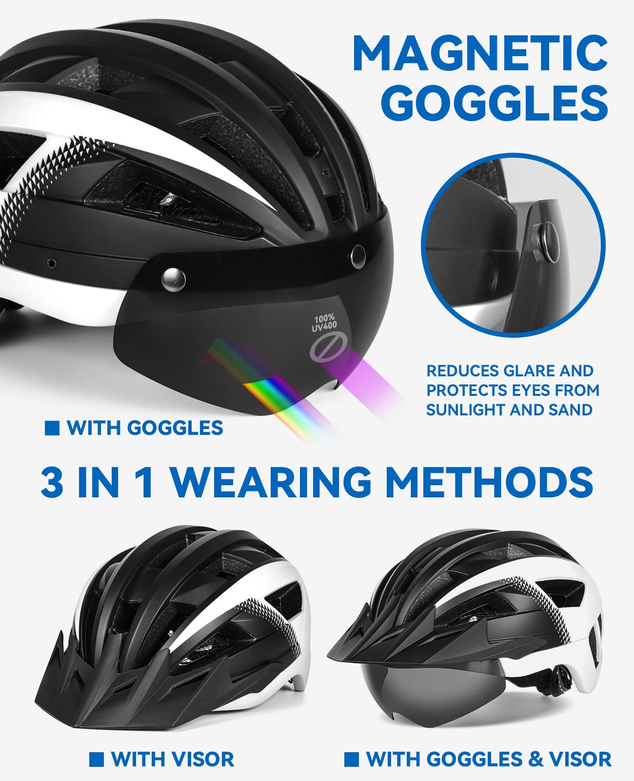 FUNWICT Bike Helmet with Visor for Men Women, Lightweight Bicycle Helmet with Magnetic Goggles and USB Rechargeable LED Light, Stylish Mountain Bike Helmet Size M/L/XL (XL: 59-63 cm, Black White)