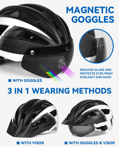 FUNWICT Bike Helmet with Visor for Men Women, Lightweight Bicycle Helmet with Magnetic Goggles and USB Rechargeable LED Light, Stylish Mountain Bike Helmet Size M/L/XL (XL: 59-63 cm, Black White)
