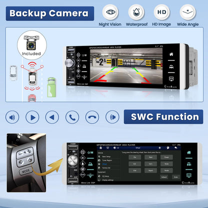 Hikity 1Din car radio with Bluetooth rear camera, 5.1 inch touchscreen car radio with wireless CarPlay & Android Auto, Bluetooth, two USB ports, remote control, mic, FM radio.