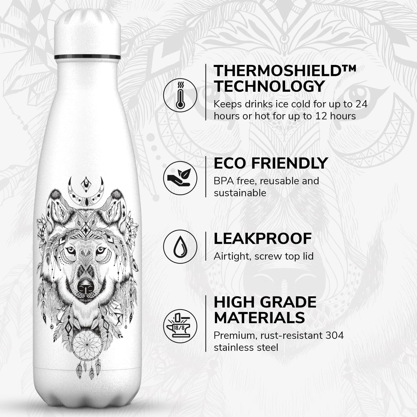 Proworks Stainless Steel Water Bottle | 24 Hrs Cold & 12 Hrs Hot - Vacuum Insulated Bottle for Sports, Running, Biking, Yoga, and Camping - 500ml - All White - Wolf Aztecs
