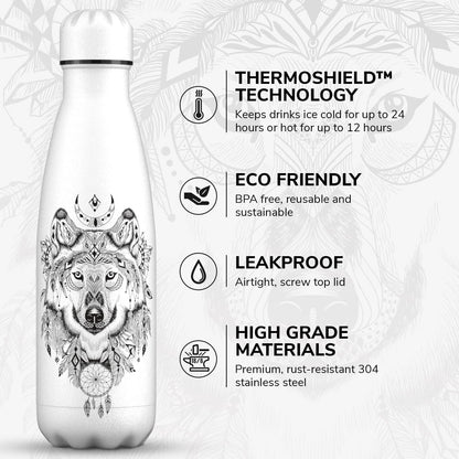 Proworks Stainless Steel Water Bottle | 24 Hrs Cold & 12 Hrs Hot - Vacuum Insulated Bottle for Sports, Running, Biking, Yoga, and Camping - 500ml - All White - Wolf Aztecs