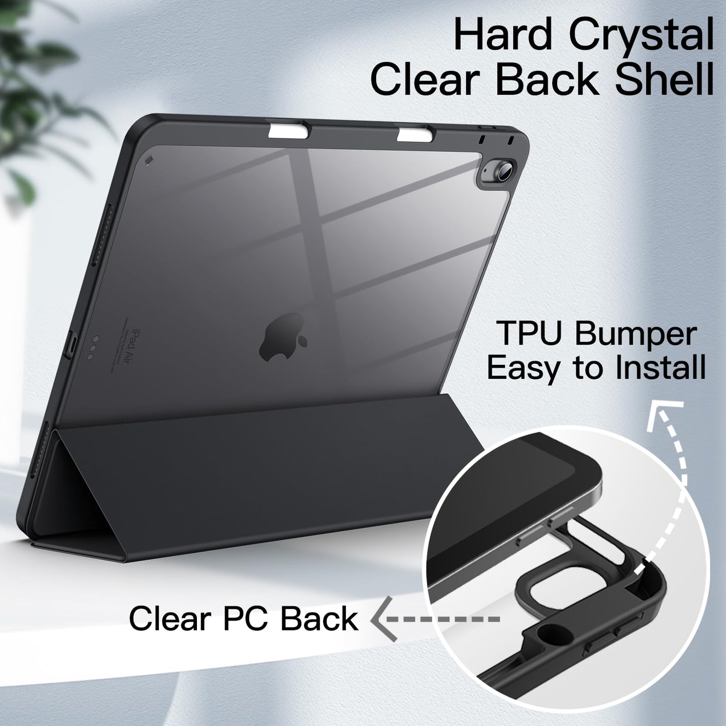 JETech case for iPad Air 13 inch M3/M2 (2025/2024) with pencil holder, Clear Transparent Back Shell Thin Stand Shockproof Tablet Cover, Auto Wake/Sleep (Black)