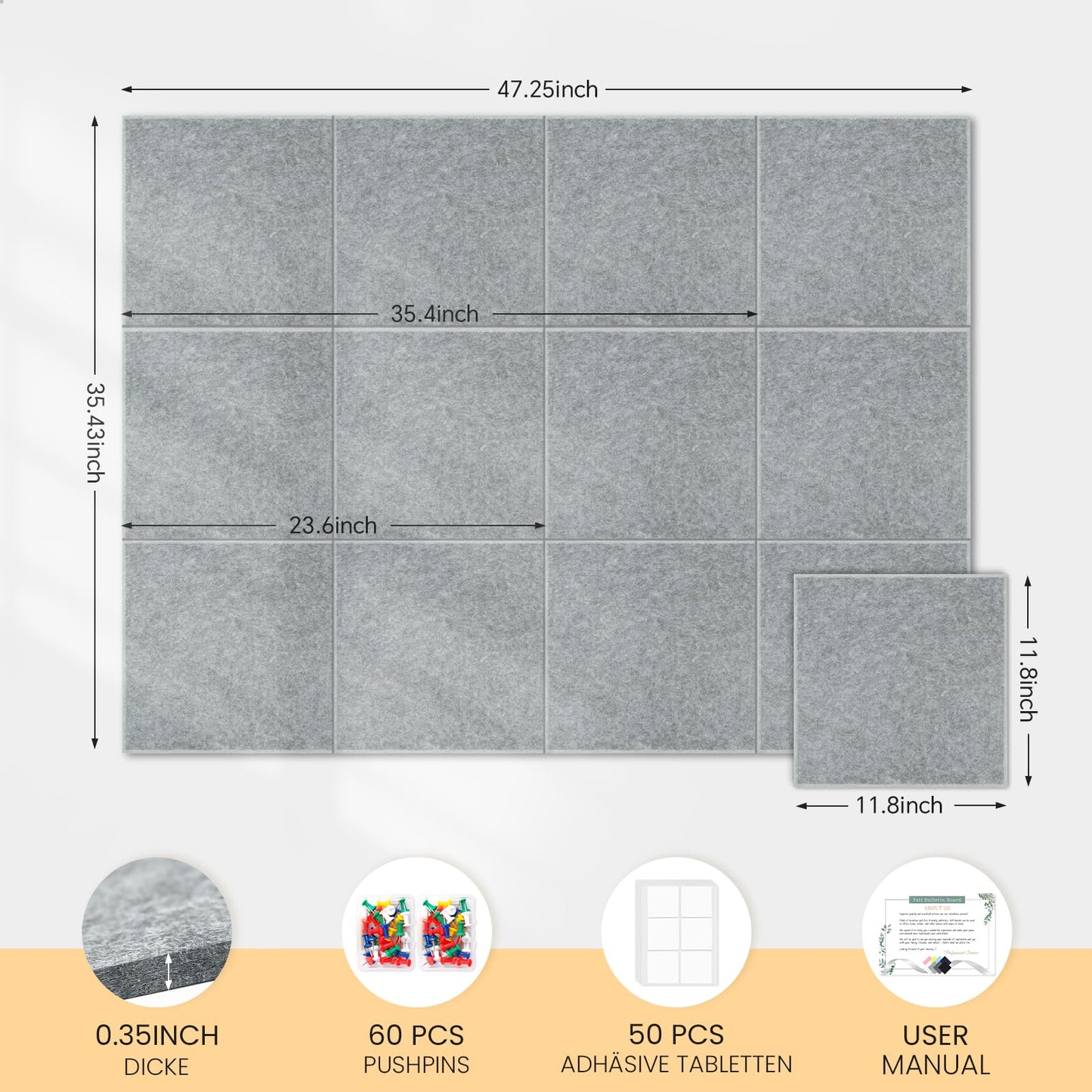 Large cork bulletin board for wall 120x90cm, 12 pack of felt wall tiles with 60 push pins, 50 secure removable adhesive tabs, decorative pin board for office, school, and leisure.