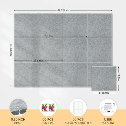 Large cork bulletin board for wall 120x90cm, 12 pack of felt wall tiles with 60 push pins, 50 secure removable adhesive tabs, decorative pin board for office, school, and leisure.