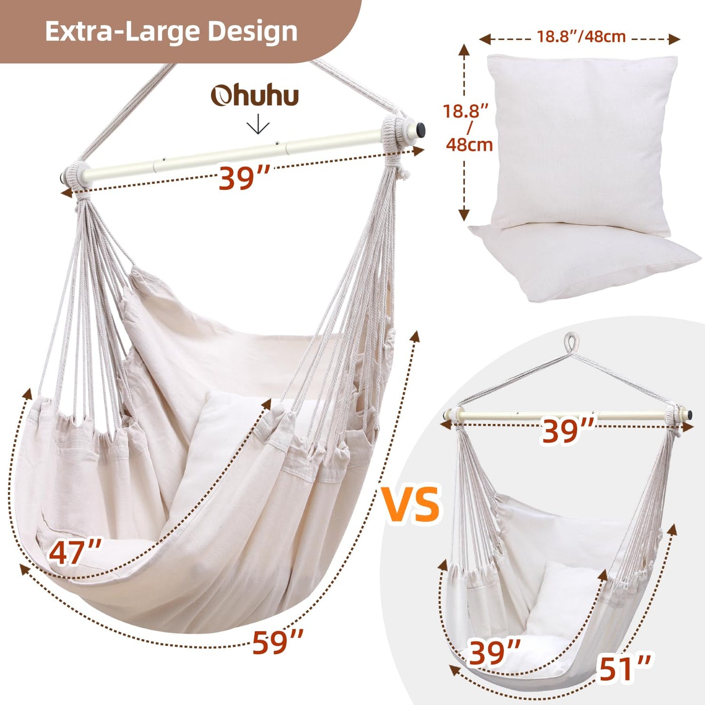 Ohuhu hanging chair with 2 pillows and ceiling hook kit, outdoor XL hanging chair up to 150 kg for adults & girls, hanging seat suspension for indoor/outdoor bedroom and garden (white rice)