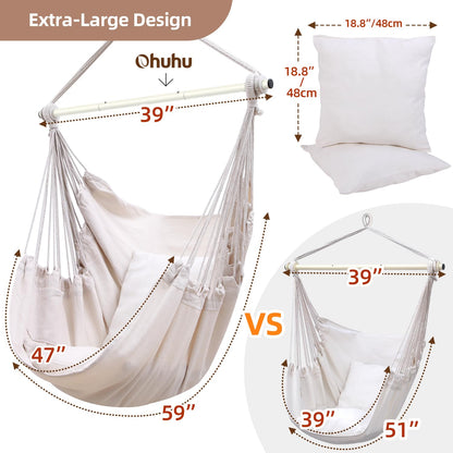 Ohuhu hanging chair with 2 pillows and ceiling hook kit, outdoor XL hanging chair up to 150 kg for adults & girls, hanging seat suspension for indoor/outdoor bedroom and garden (white rice)