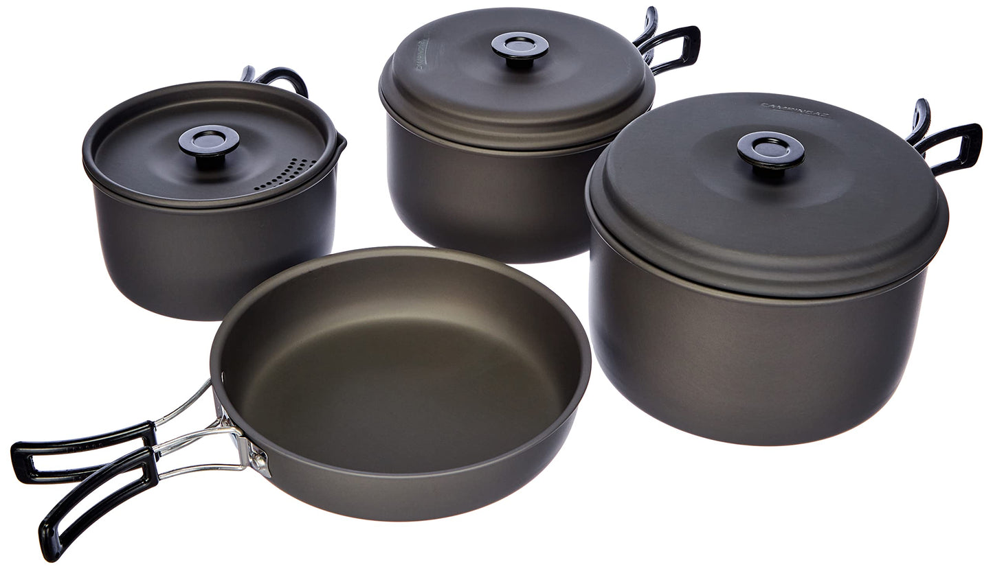 Campingaz camping cookware trekking cookware set made of aluminum, THREE pots 2.3, 1.5, 1 liter, 16 x 20 cm, gray, 8 pieces.