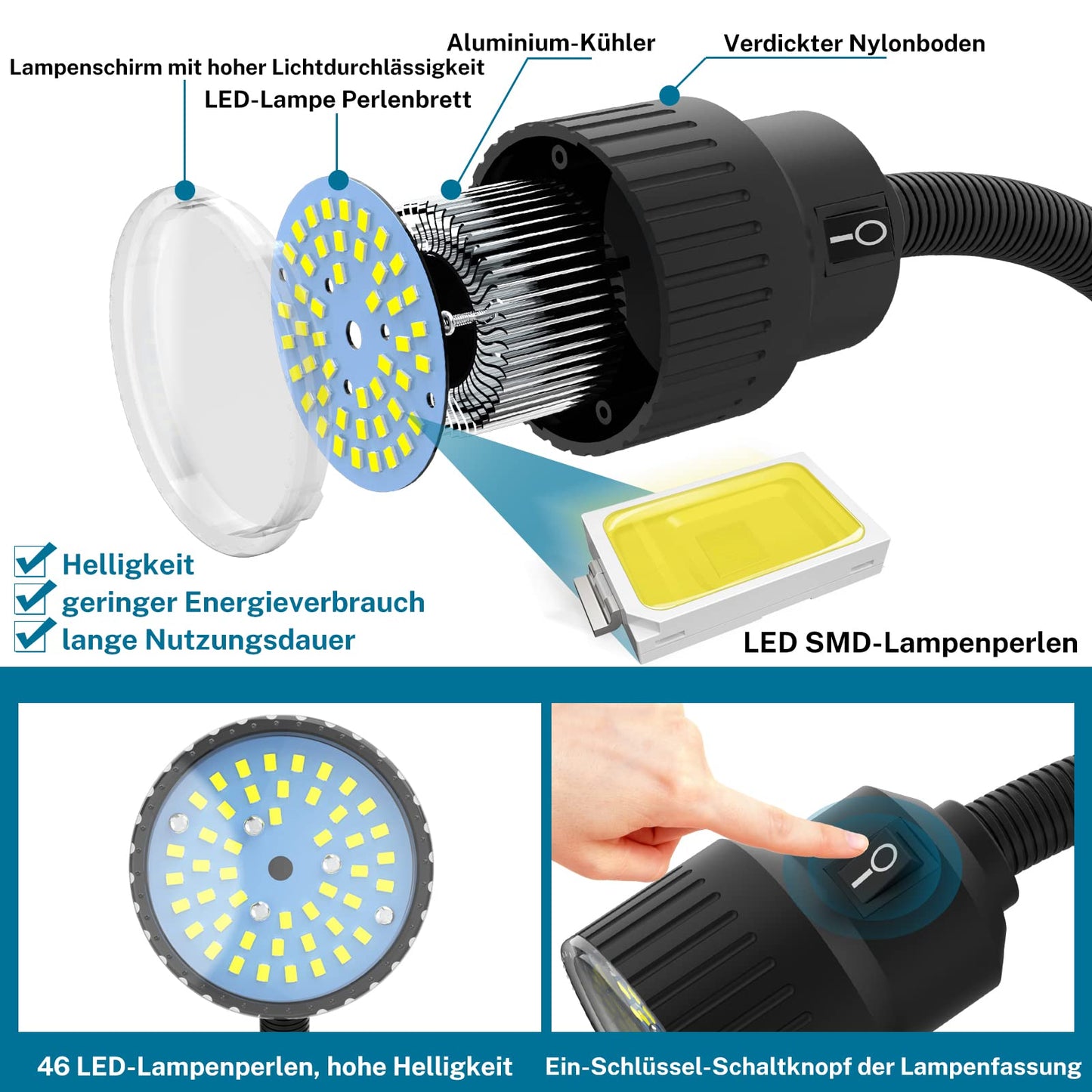 Flexible gooseneck light 12W Led work light 1200 lumens lathe Led light with magnetic base for lathe CNC milling drilling machine sewing machine industrial lighting tool machine light