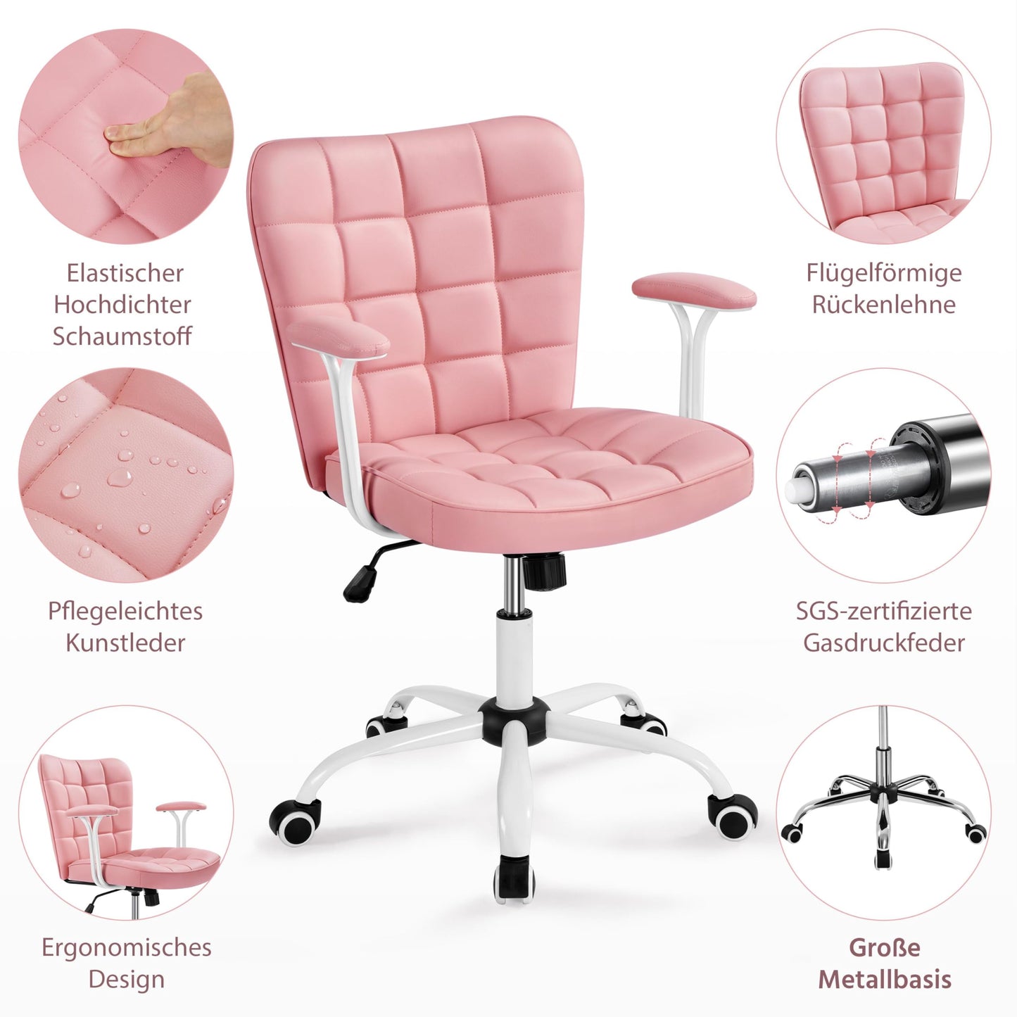 Yaheetech Homeoffice Chair Desk Chair Office Chair Work Chair made of artificial leather, swivel chair with soft armrests, height-adjustable padded chair computer chair with casters, pink