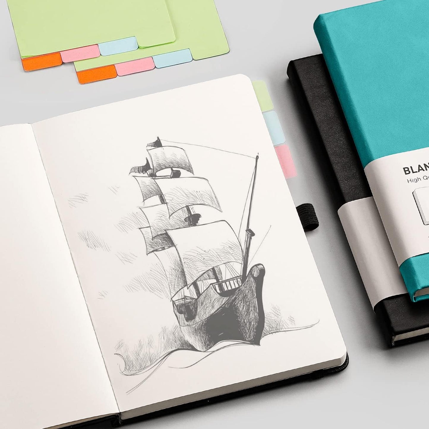 RETACY Notebook A5 Blank 2 Pack - 384 pages Unlined Notebooks with 100gsm Blank Paper, Pen Loop, Inner Pocket, for Sketching School Women Men 14.5 x 21cm-Cyan