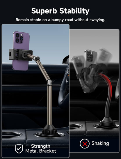 JSAUX car cup holder phone mount, metal long arm stable phone holder for car - adjustable for iPhone 16 15 Pro Max 13 12 11, Samsung Galaxy S24 S23 Ultra, Google Pixel 9 Pro