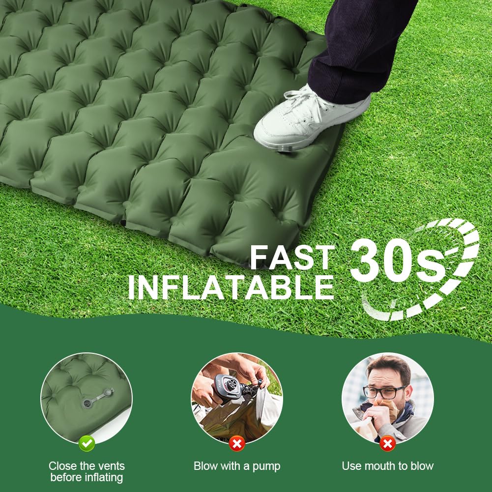 flintronic Camping Self-Inflating Sleeping Pad with Foot Pump, 10CM Thick Waterproof Pad with Pillow, Outdoor Inflatable Air Mattress, Foldable Sleeping Mat for Outdoor, Camping, Army Green