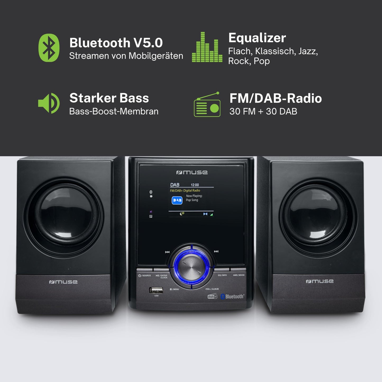Muse stereo system, compact system with CD player & DAB radio, mini stereo system with 2 speakers, music system with FM/DAB/DAB+ digital radio, Bluetooth & AUX, MP3 & Spotify, compact music system.