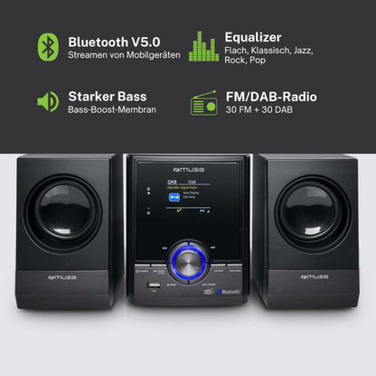 Muse stereo system, compact system with CD player & DAB radio, mini stereo system with 2 speakers, music system with FM/DAB/DAB+ digital radio, Bluetooth & AUX, MP3 & Spotify, compact music system.