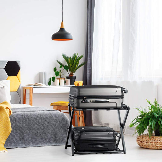 GYMAX Folding Luggage Rack, Double-Layer Luggage Stand with 4 sturdy straps & 2-tier design, luggage shelf supports up to 60 kg, luggage rack for guest room & hotel (1, Black)