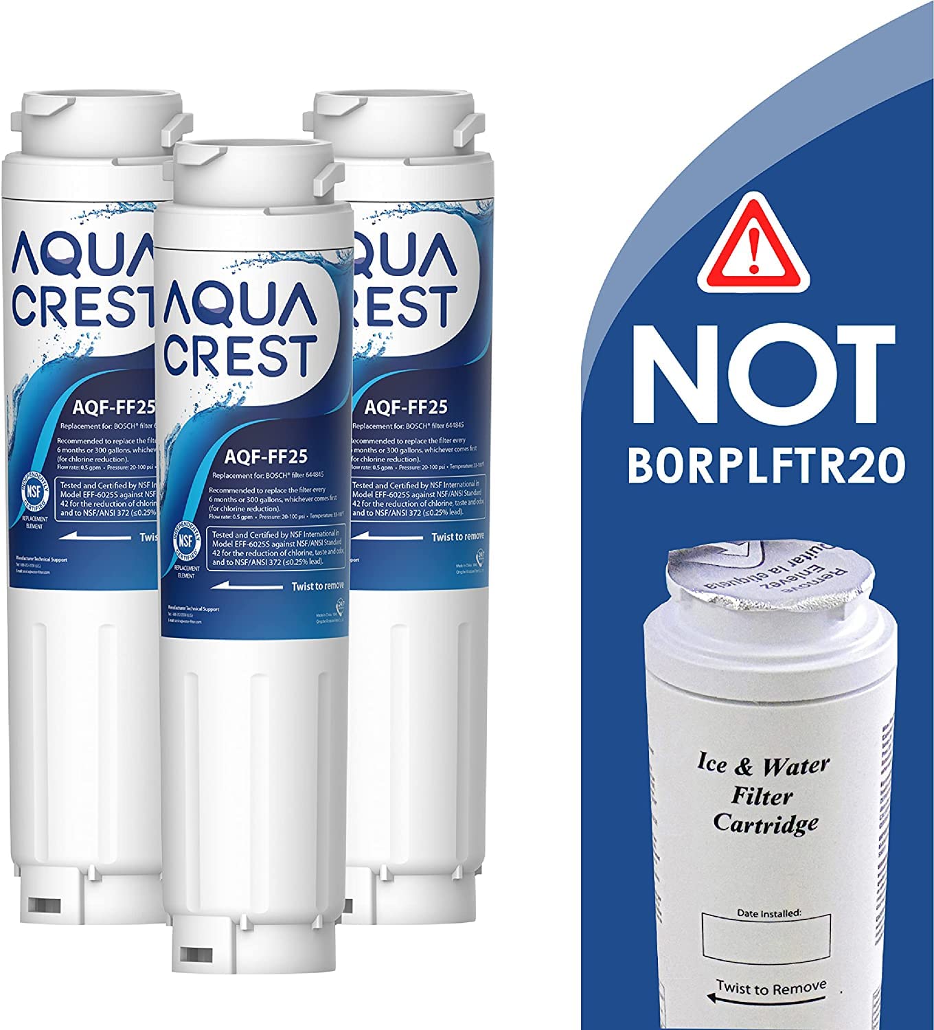 AQUACREST 644845 refrigerator water filter compatible with Bosch Ultra Clarity 644845, fits Siemens Bosch Neff 740560 9000077104.