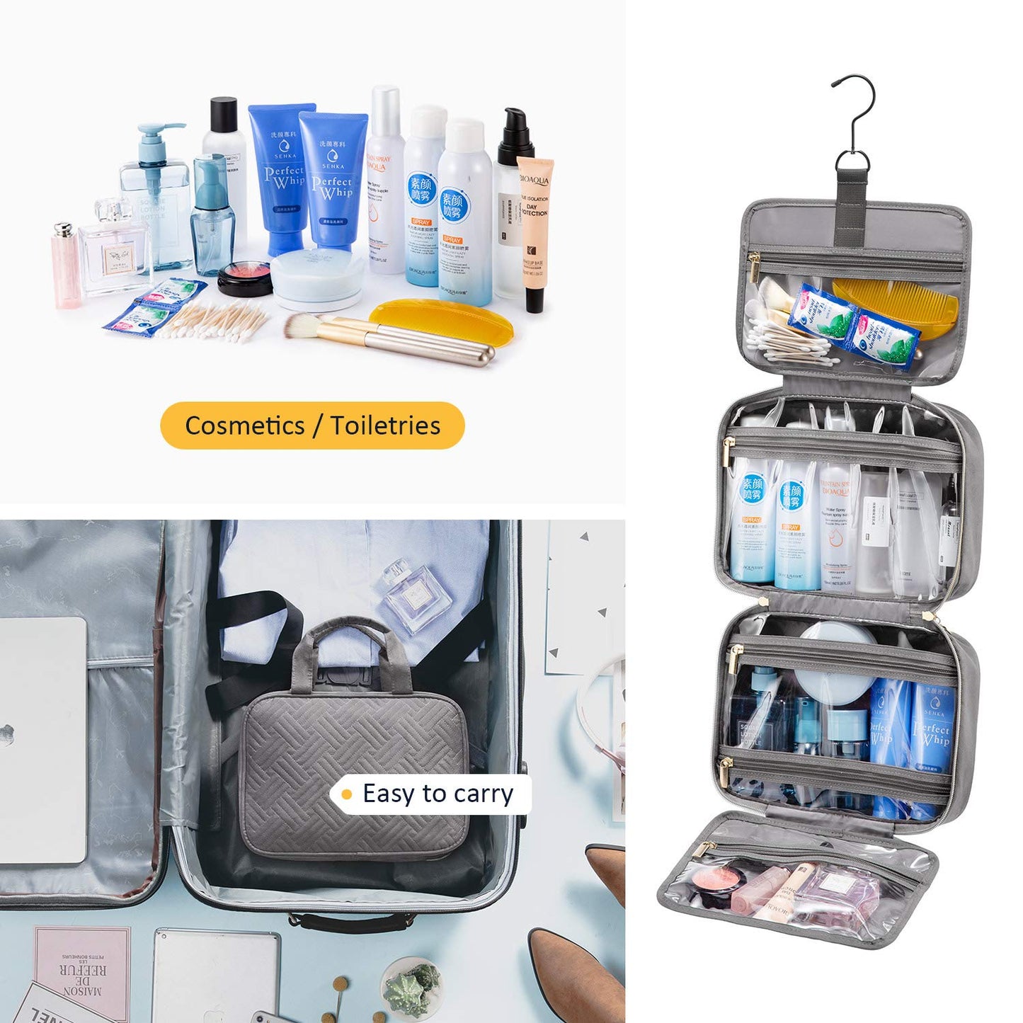 Hanging toiletry bag, LOVEVOOK waterproof toiletry bag for women, foldable cosmetic bag with 360° swivel hook, travel toiletry bag in gray.