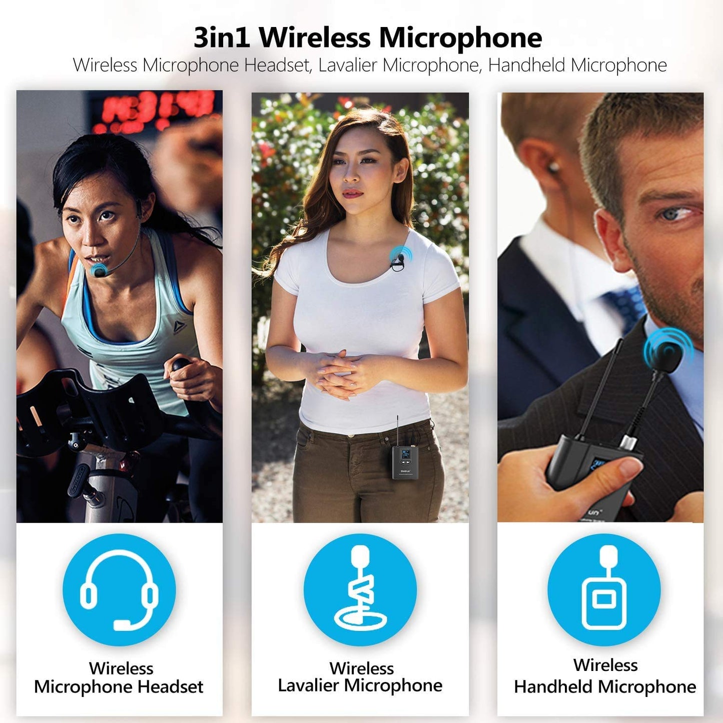 Wireless UHF Lavalier Microphone Headset, rechargeable, 50m range, with 6.35mm/3.5mm plug for amplifiers, PA systems, mixers, PCs, cameras, lectures, vlogs, teaching, interviews.