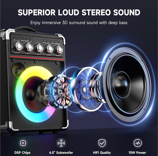 JYX Karaoke Machine with 2 wireless microphones, Portable karaoke system speaker with RGB light for house party. Supports TWS.