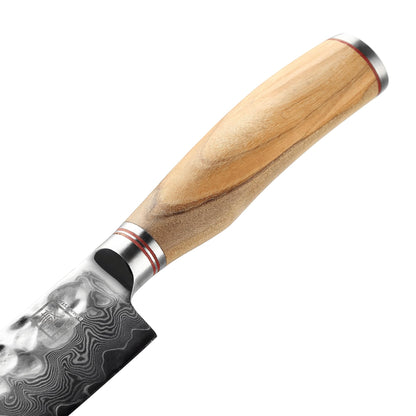 zayiko Minami Premium small Santoku knife with 12 cm blade made of 67 layers of genuine Damascus steel with hammered finish and olive wood handle I wooden box I Damascus knife kitchen knife and professional chef's knife