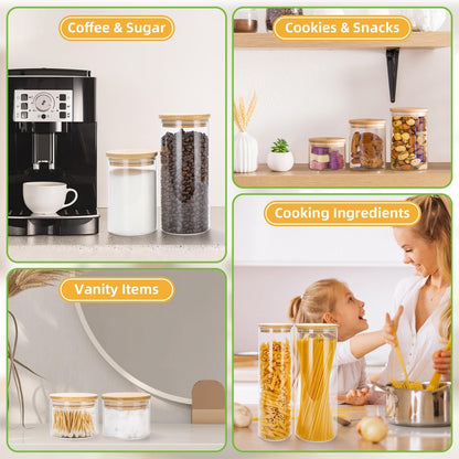 Lannvan glass storage jars with lids, 8-piece set, airtight glass storage containers with wooden lids for coffee beans, grains, nuts, flour, pasta, and spaghetti storage.