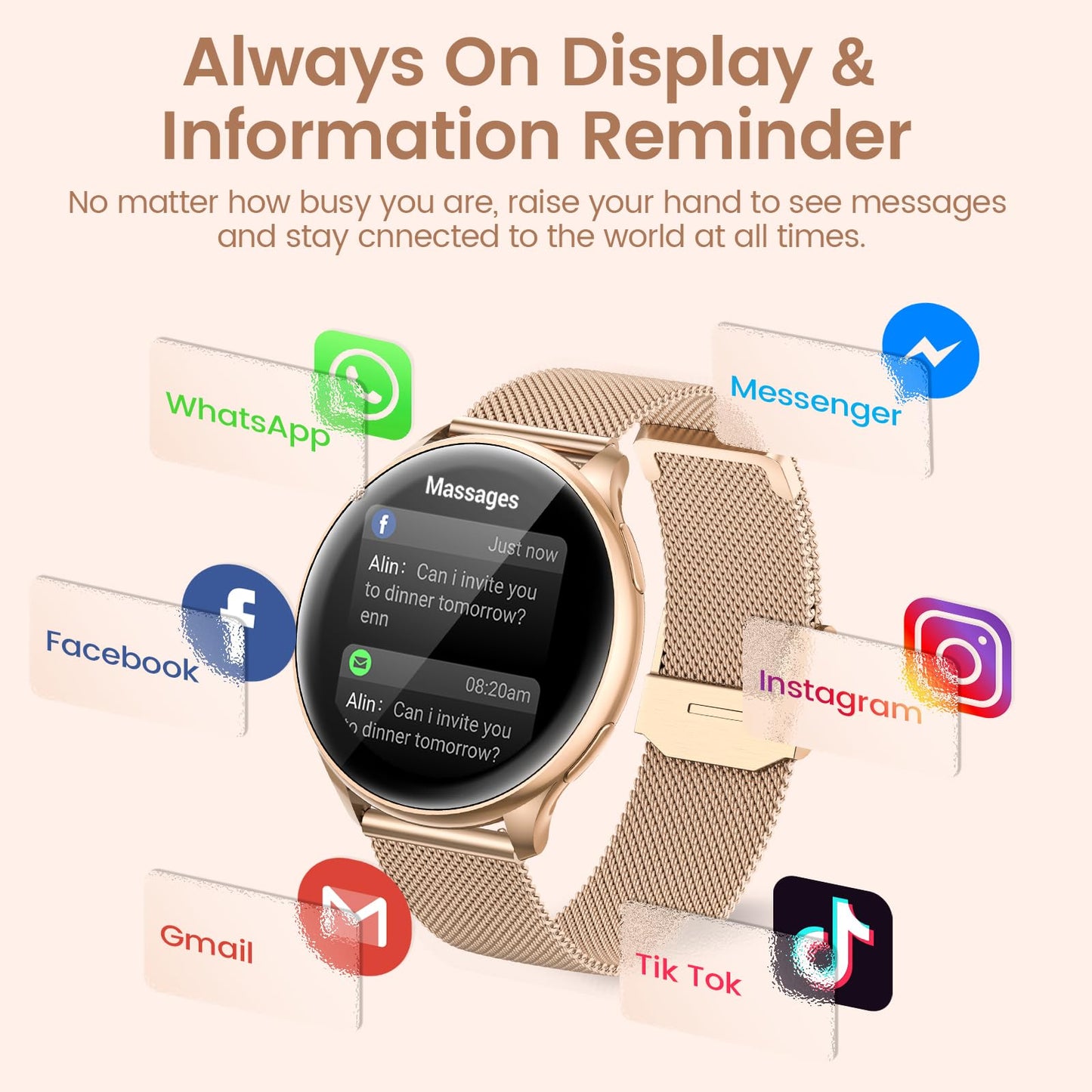 RUXINGX Women's Smartwatch with phone function 1.32" HD Full Touch Screen, watch with SpO2 heart rate monitor menstrual cycle sleep monitor step counter calories fitness tracker IP68 iOS Android Rose Gold