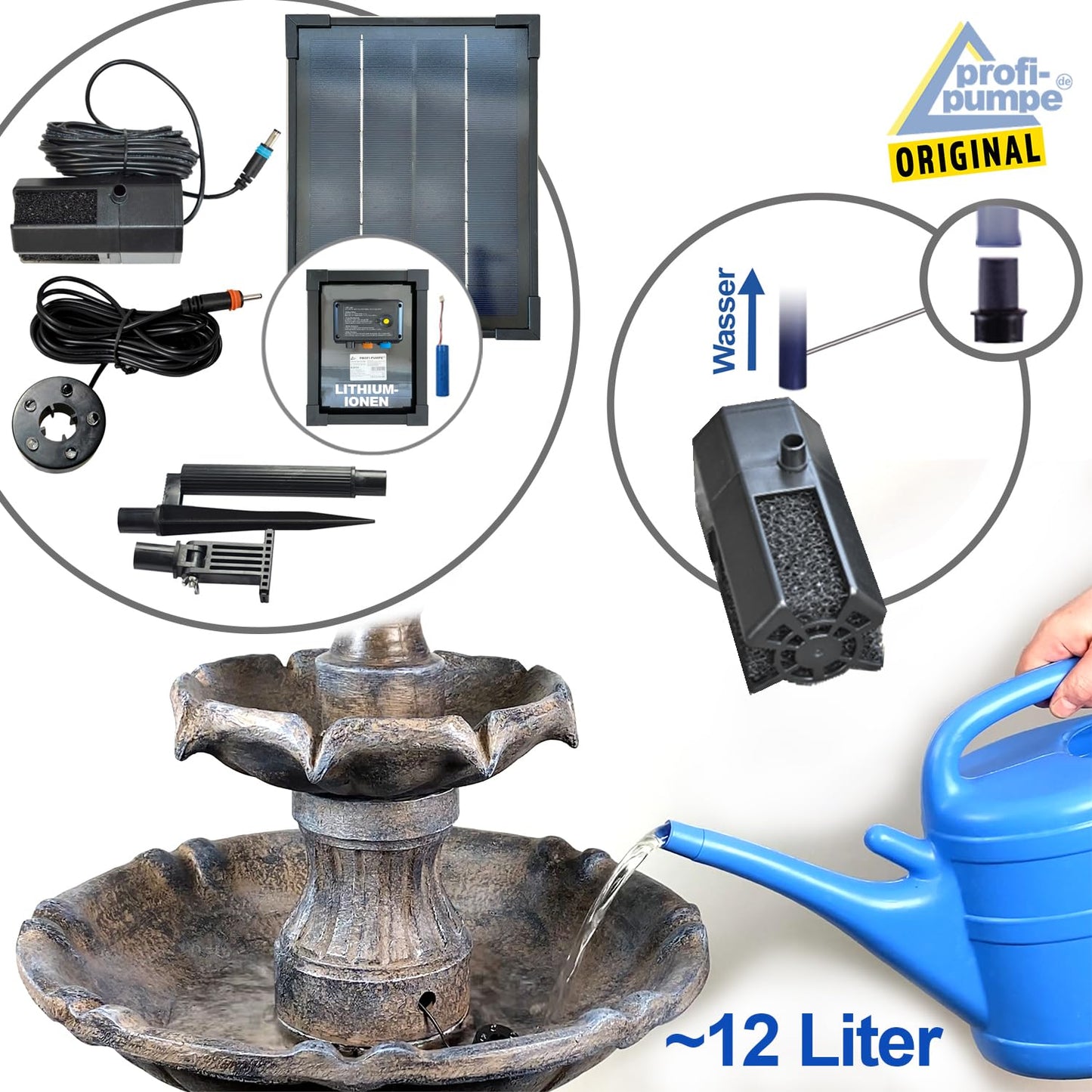 Solar garden fountain fountain solar fountain classic garden decoration fountain waterfall garden light pond pump for terrace, balcony, improved model with pump instant start function