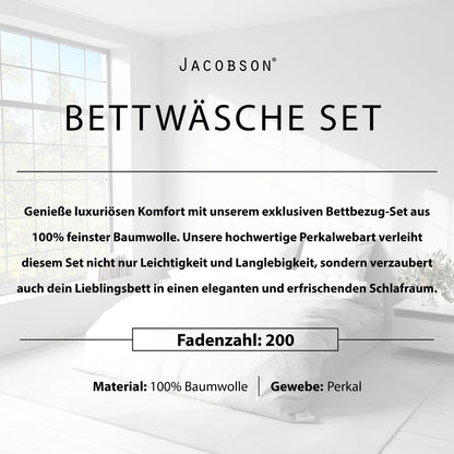 JACOBSON Bedding 155x220 Set - 100% cotton duvet cover 155x220 cm + 2 pillow cases 80x80 cm, percale bedding 3-piece with zipper (155x220cm, White, 3-piece)