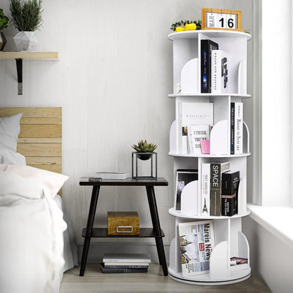 YGYQZ Rotary Bookshelf for Home with High-Density Tall Bookcase. Modern 360° Rotating Storage Display Rack with Baffle for Bedroom, Living Room, Study, or Office. White, 4 Tier Floor Standing Shelves.