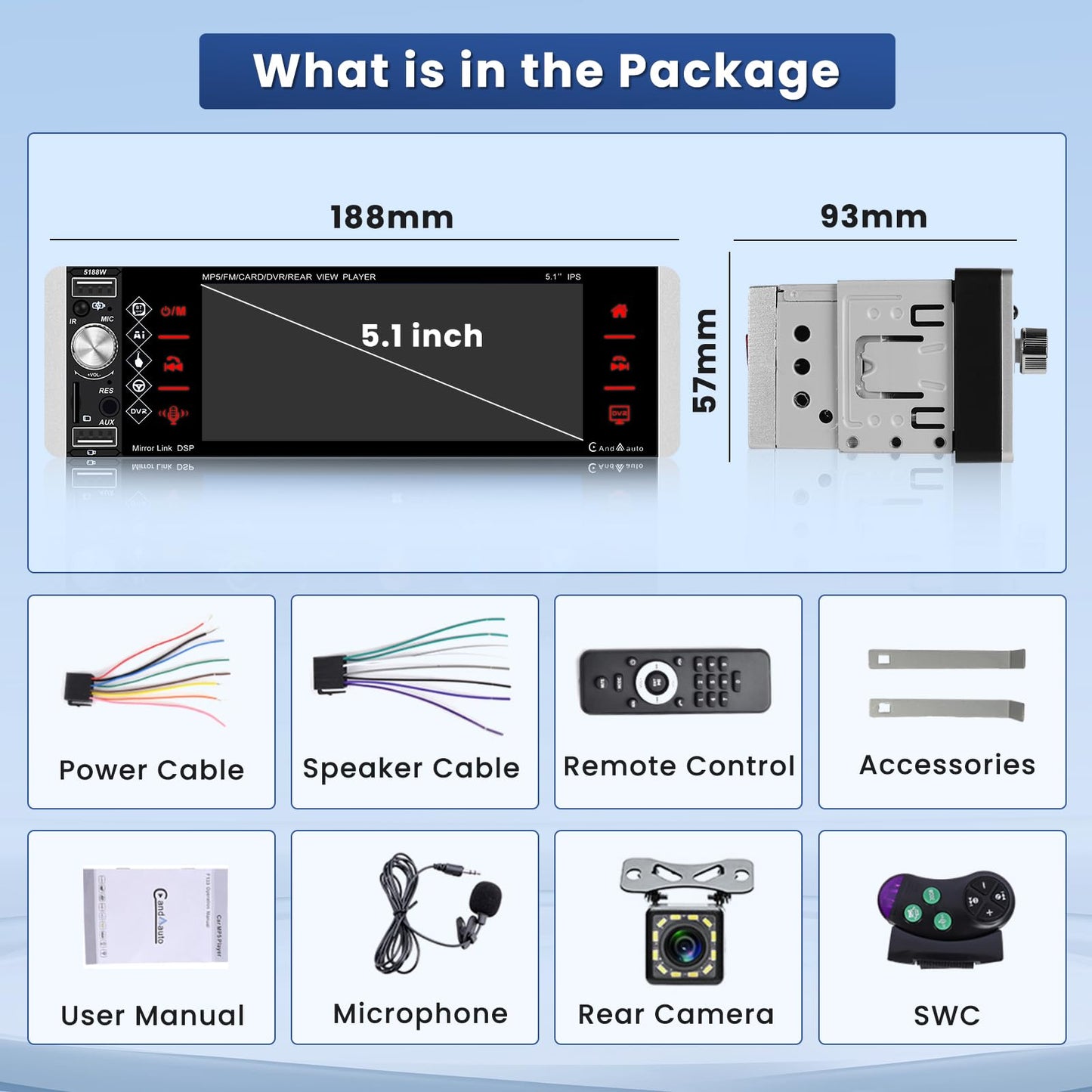Hikity 1Din car radio with Bluetooth rear camera, 5.1 inch touchscreen car radio with wireless CarPlay & Android Auto, Bluetooth, two USB ports, remote control, mic, FM radio.