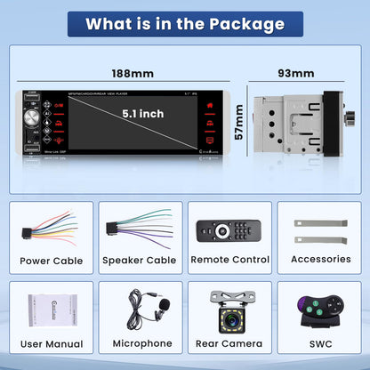 Hikity 1Din car radio with Bluetooth rear camera, 5.1 inch touchscreen car radio with wireless CarPlay & Android Auto, Bluetooth, two USB ports, remote control, mic, FM radio.