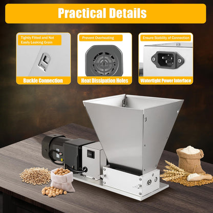 Grain mill, 220V Electric feed mill with Hopper Stainless Steel Malt mill Grain mill Kitchen machine Grain Grinder Home brewer for Grinding Barley Wheat