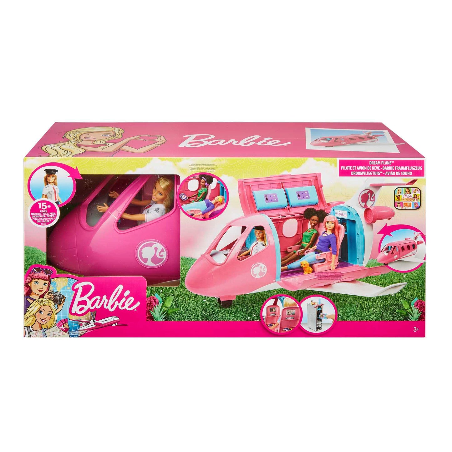Barbie airplane with pilot doll, featuring movable wheels and 15 accessories including pet and trolley, in pink, suitable for ages 3 and up, GJB33.