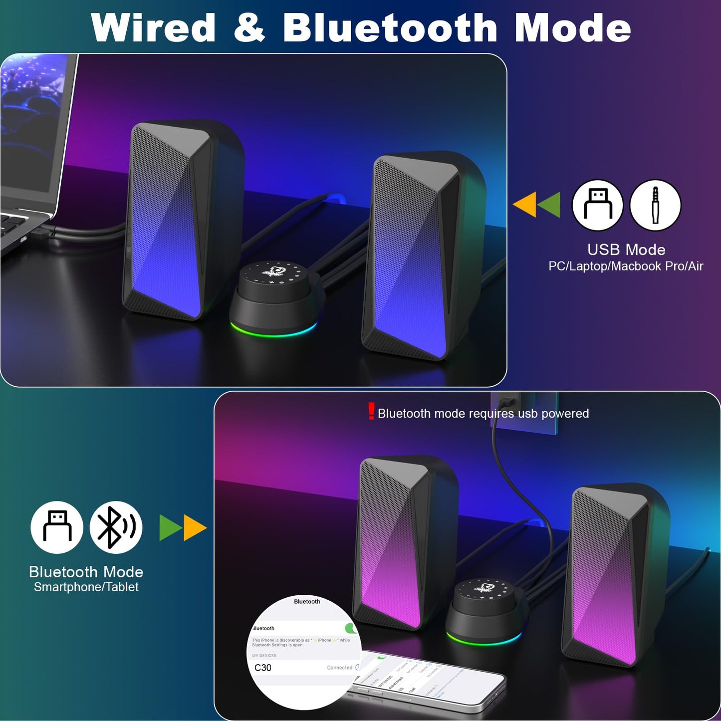 SOULION C30 PC Speakers for Monitor, Laptop, Gaming, Desktop Computer Bluetooth Soundbar with LED, 3.5mm Aux Input, USB-Powered, 1 Pair
